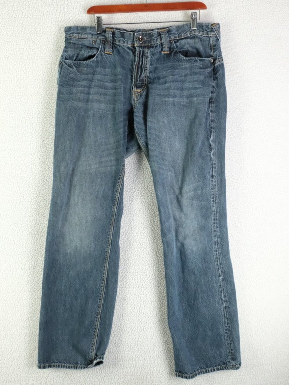 Ed Hardy Jeans Mens 36X32 Blue Stone Wash Button Fly Flap Pocket Whiskers